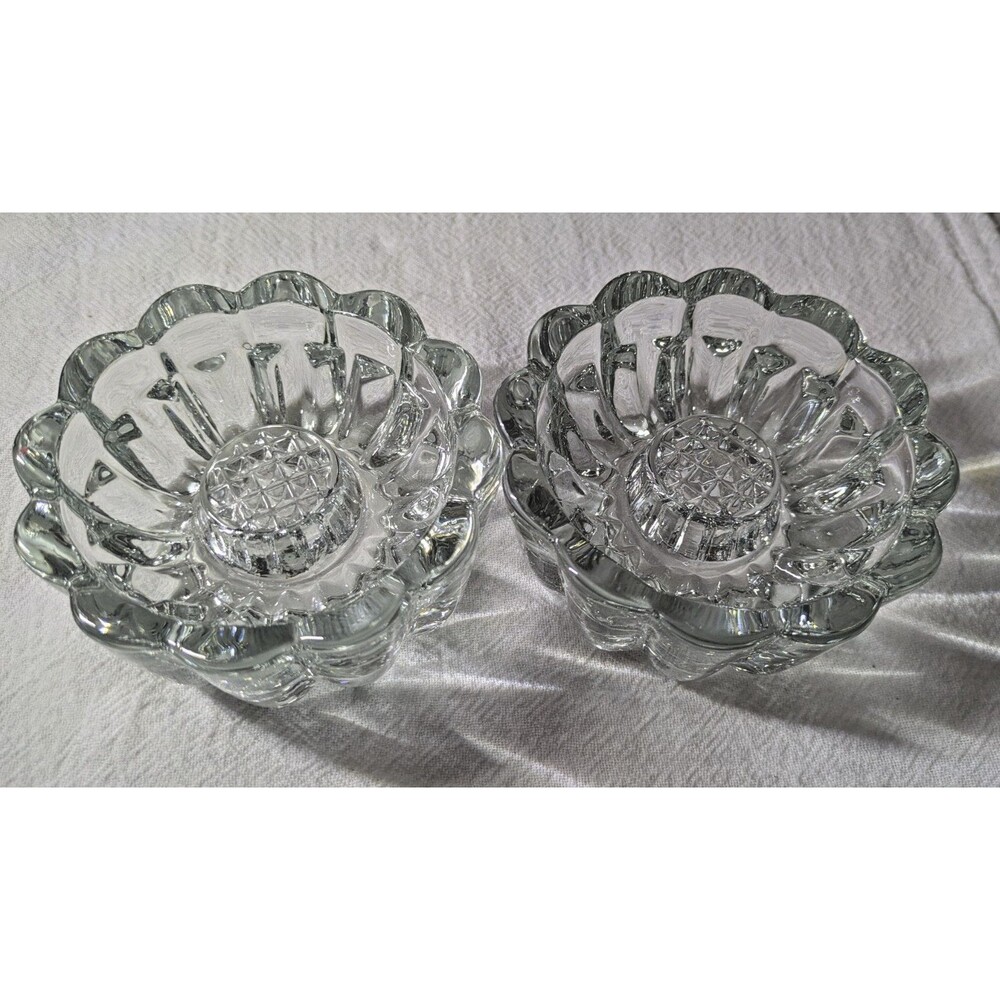 Pair of Vintage Clear Glass Taper Candle Holders Scalloped Edge Diamond Pattern